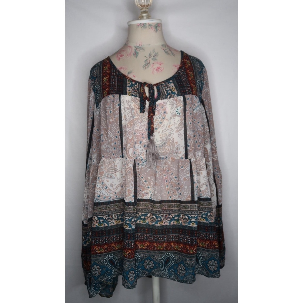 Knox Rose Boho Paisley Peasant Tunic Blouse Tassel Tie Long Sleeve XXL Plus Size